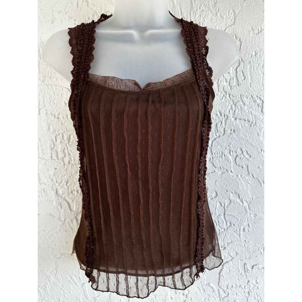 Vintage Y2K Brown Mesh Lace Sequin Tank Top Whimsigoth Coquette Fairy Small